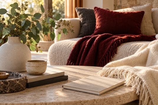 Warm everyday living scene with burgundy textiles and eucalyptus
