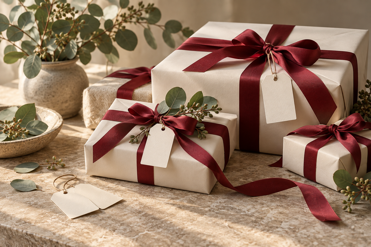 Cream gift boxes tied with burgundy ribbons and eucalyptus